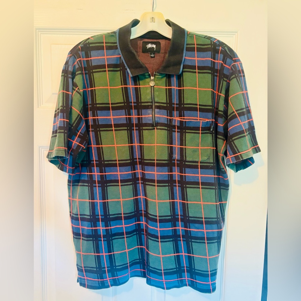 Stussy Green and Blue Plaid Polo Shirt